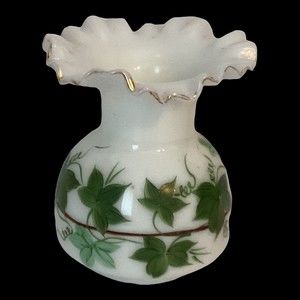 Consolidated Vintage White Glass Vase Hand Painted Ivy Ruffled Top
